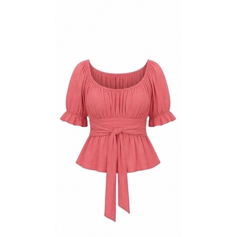 Mi Ami Francesca's Coral Pink Tie Waist Peplum Puff Sleeve Top Medium